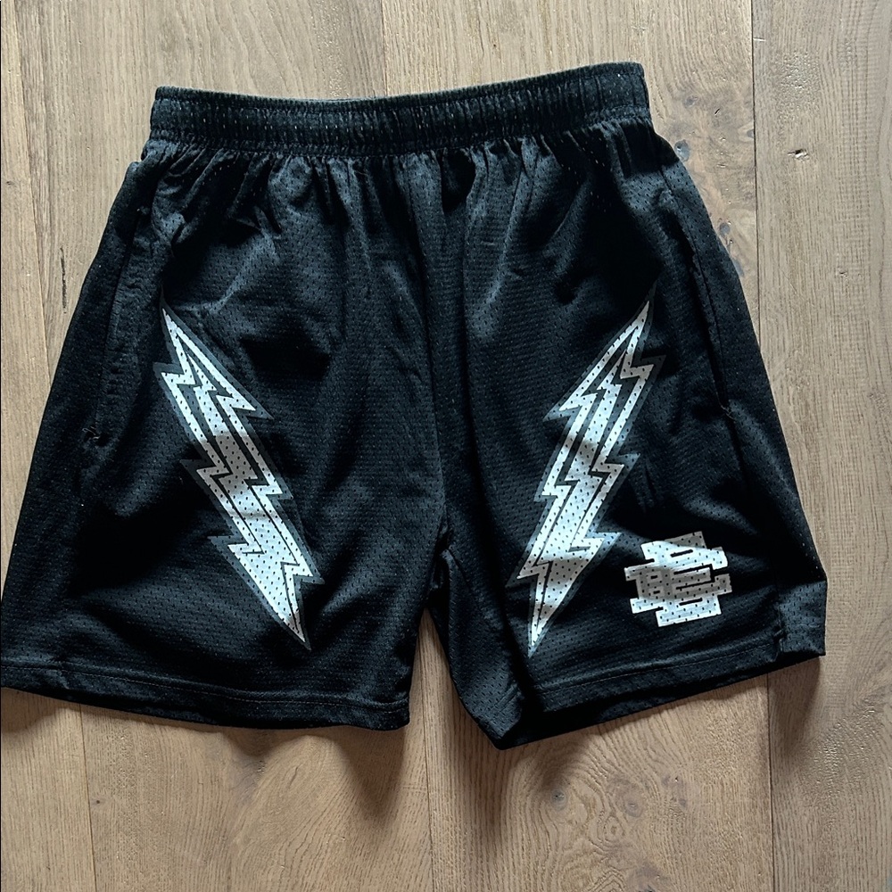 Eric Emanuel Black Shorts with Silver Lightning Bolts